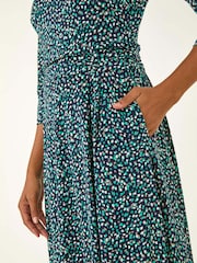 Roman Green Abstract Print Gathered Stretch Midi Dress - Image 5 of 5