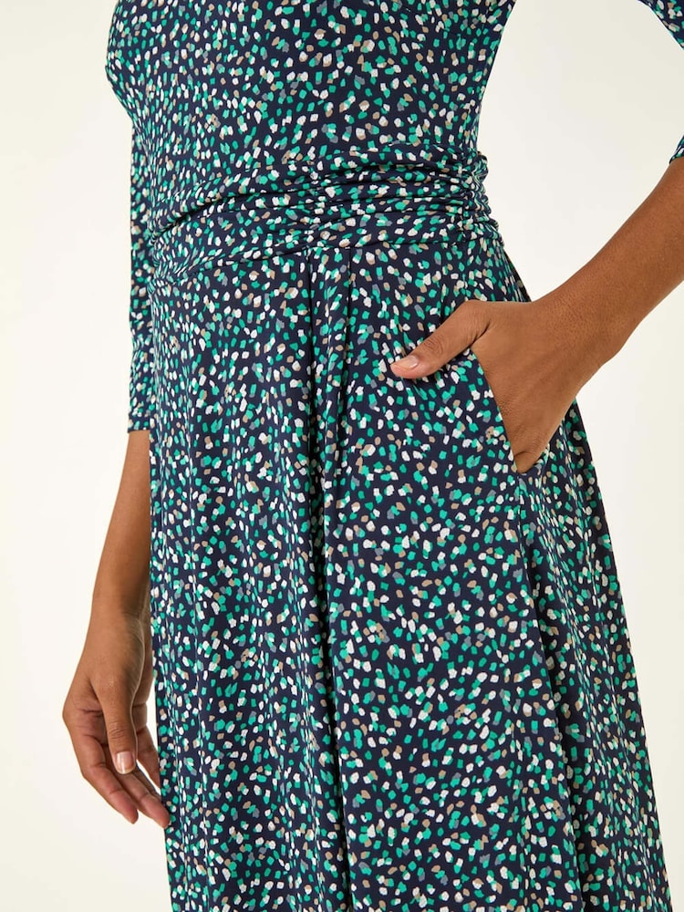 Roman Green Abstract Print Gathered Stretch Midi Dress - Image 5 of 5 Roman Green Abstract Print Gathered Stretch Midi Dress - Image 5 of 5