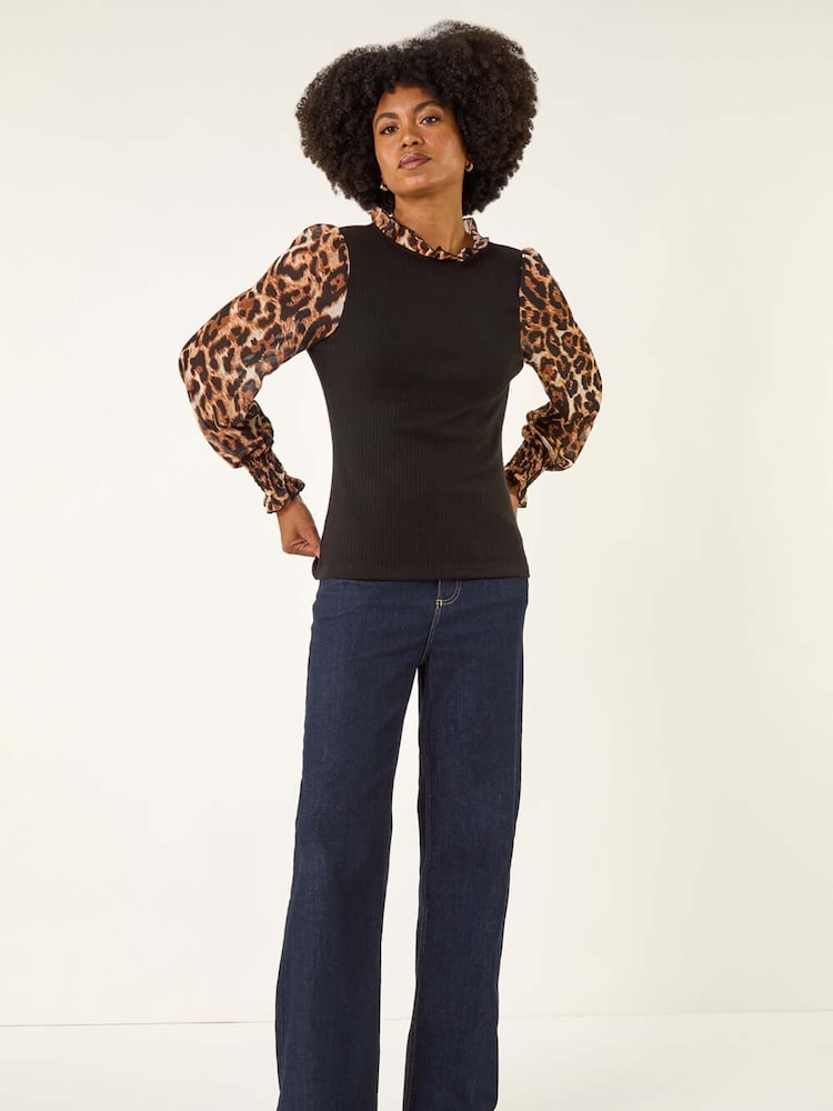 Roman Black High Neck Chiffon Sleeve T-Shirt - Image 1 of 5 Roman Black High Neck Chiffon Sleeve T-Shirt - Image 1 of 5