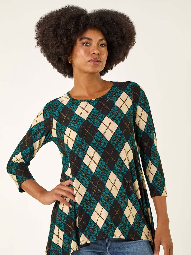 Roman Blue Jacquard Stretch Tunic Top - Image 1 of 5 Roman Blue Jacquard Stretch Tunic Top - Image 1 of 5
