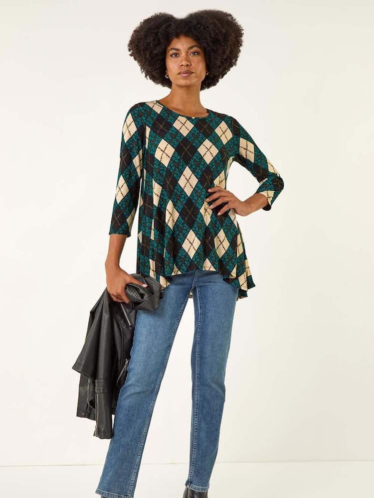 Roman Blue Jacquard Stretch Tunic Top - Image 2 of 5 Roman Blue Jacquard Stretch Tunic Top - Image 2 of 5
