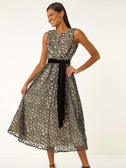 Roman Black Lace Overlay Bow Detail Midi Dress - Image 1 of 6