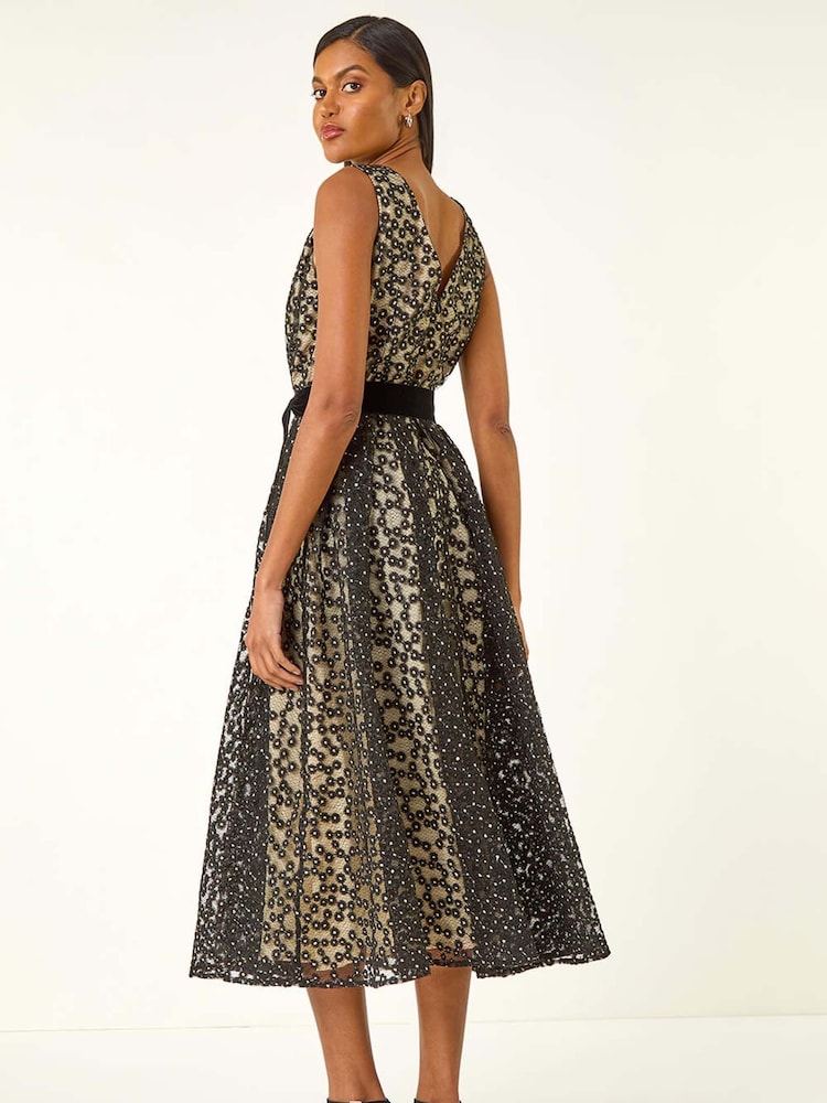 Roman Black Lace Overlay Bow Detail Midi Dress - Image 2 of 6 Roman Black Lace Overlay Bow Detail Midi Dress - Image 2 of 6