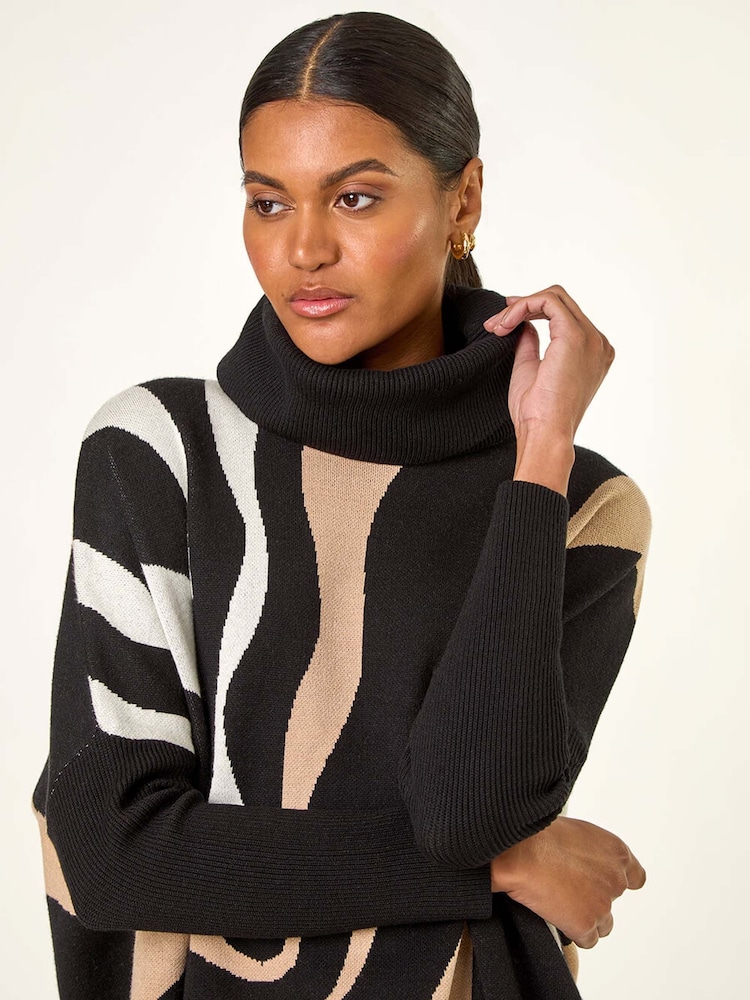 Roman Black Wave Print Roll Neck Knit Jumper - Image 1 of 5 Roman Black Wave Print Roll Neck Knit Jumper - Image 1 of 5