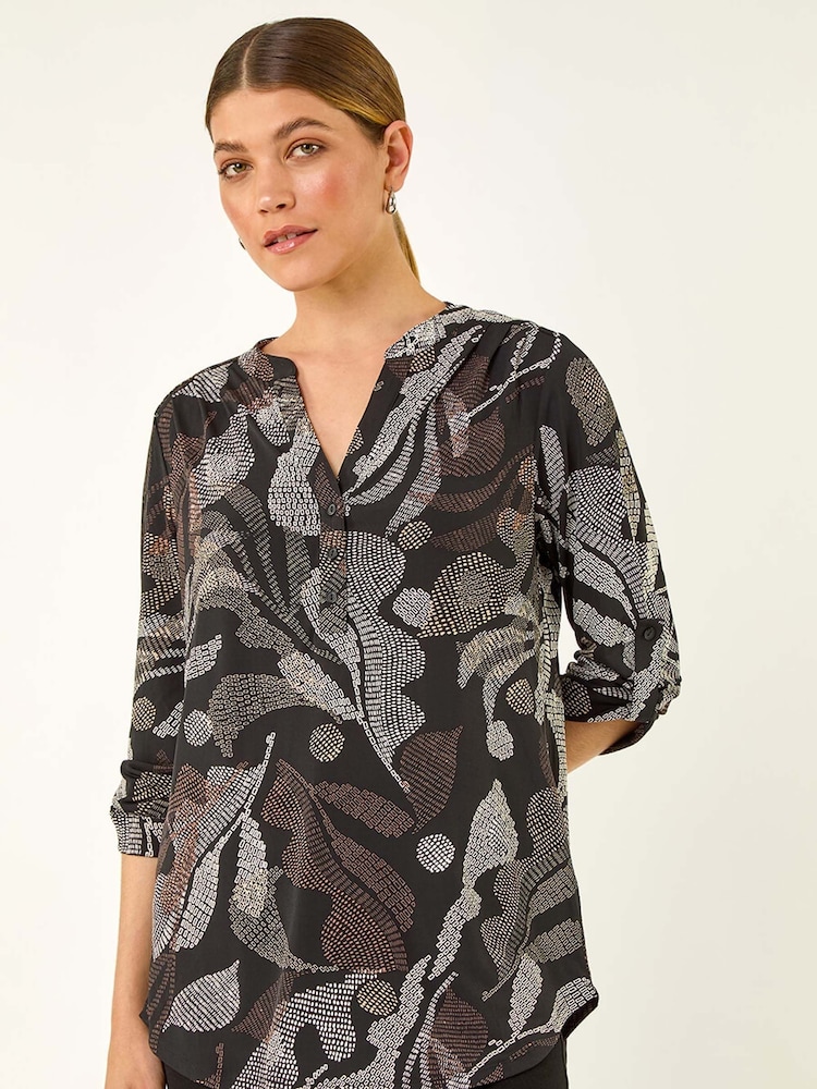 Roman Black Abstract Puff Print Stretch Blouse - Image 1 of 5