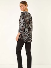 Roman Black Abstract Puff Print Stretch Blouse - Image 3 of 5