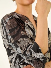 Roman Black Abstract Puff Print Stretch Blouse - Image 5 of 5