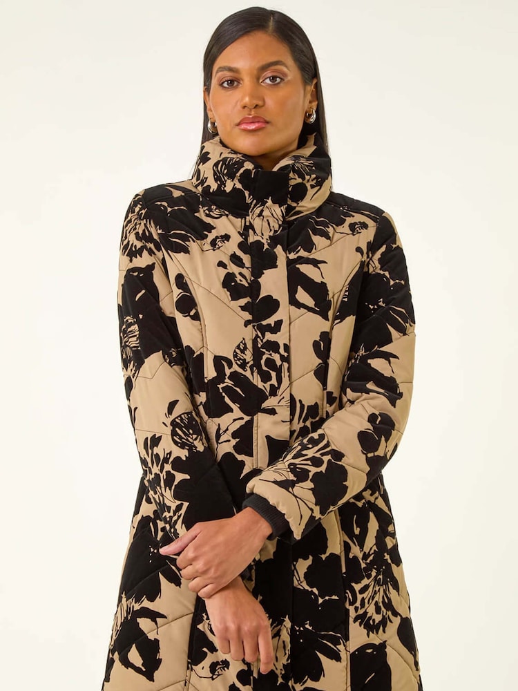 Roman Brown Floral Flock Detail Padded Coat - Image 1 of 5 Roman Brown Floral Flock Detail Padded Coat - Image 1 of 5