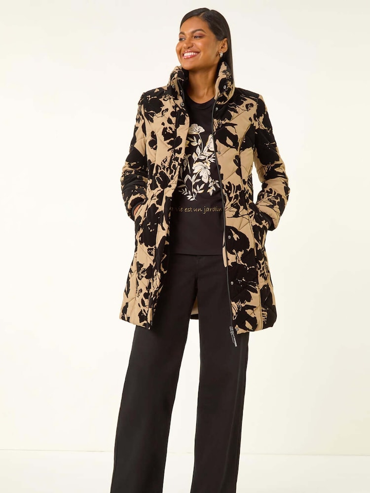 Roman Brown Floral Flock Detail Padded Coat - Image 2 of 5 Roman Brown Floral Flock Detail Padded Coat - Image 2 of 5