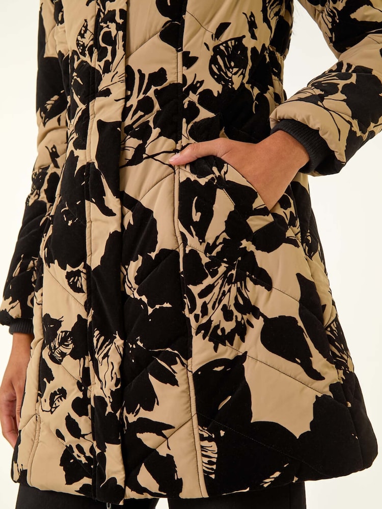 Roman Brown Floral Flock Detail Padded Coat - Image 5 of 5 Roman Brown Floral Flock Detail Padded Coat - Image 5 of 5