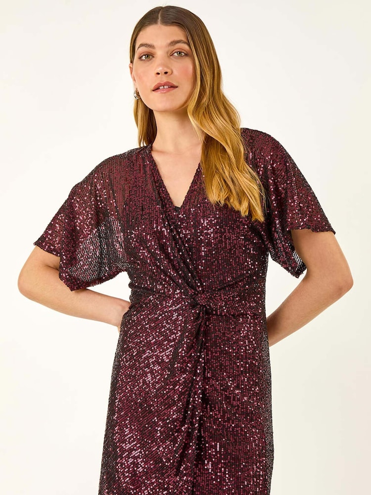 Roman Red Sequin Twist Front Stretch Dress - Image 1 of 5 Roman Red Sequin Twist Front Stretch Dress - Image 1 of 5