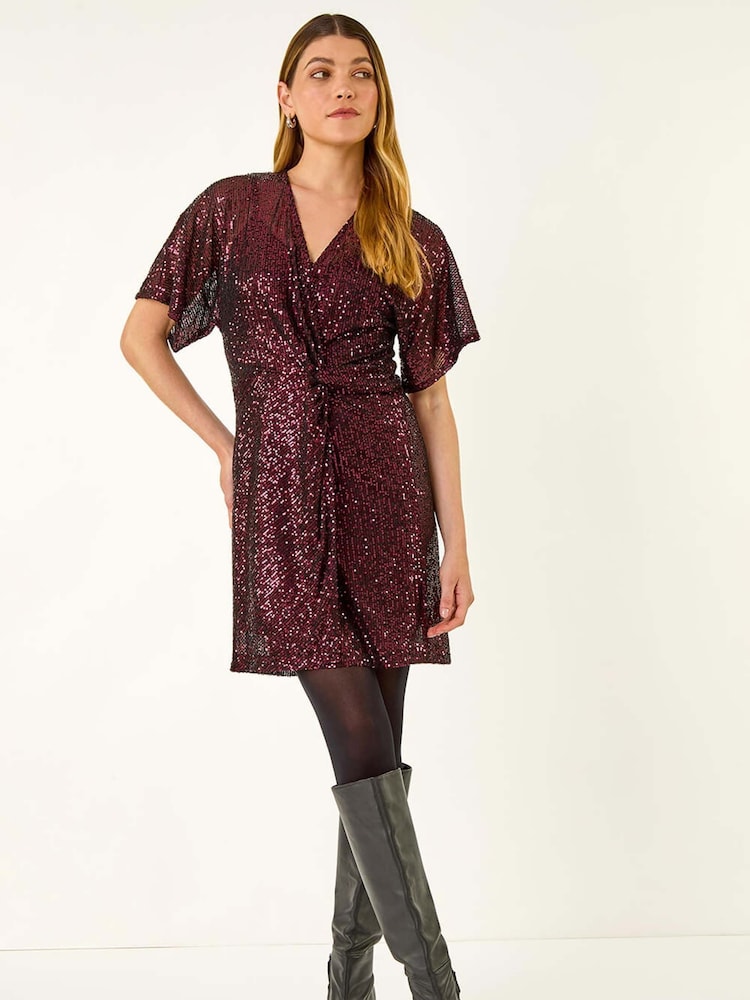 Roman Red Sequin Twist Front Stretch Dress - Image 2 of 5 Roman Red Sequin Twist Front Stretch Dress - Image 2 of 5