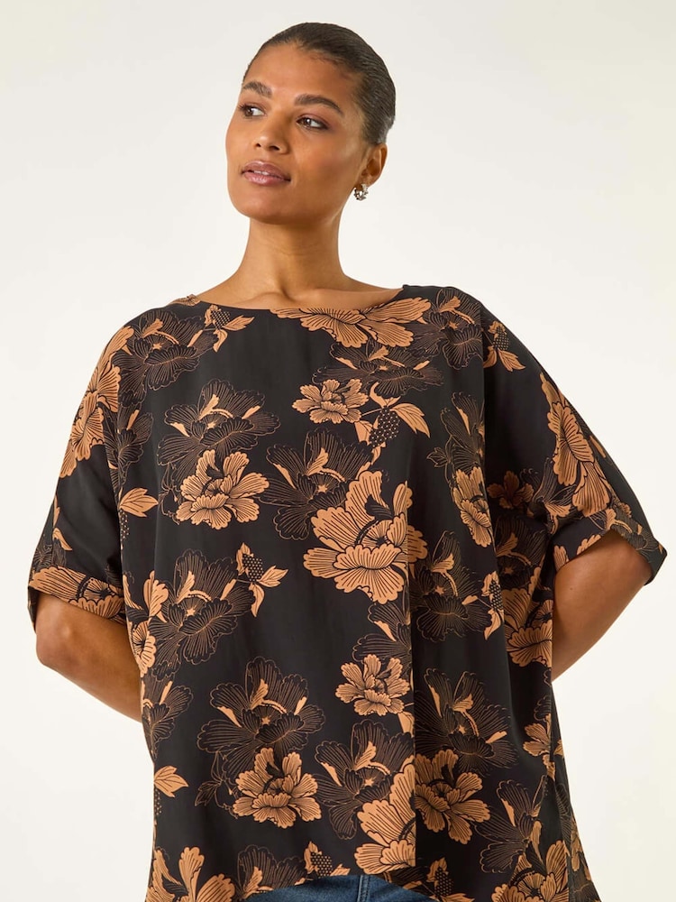 Roman Orange Floral Buttoned Back Tunic Top - Image 1 of 5 Roman Orange Floral Buttoned Back Tunic Top - Image 1 of 5