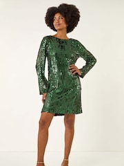 Roman Green Sequin Shift Stretch Dress - Image 1 of 5