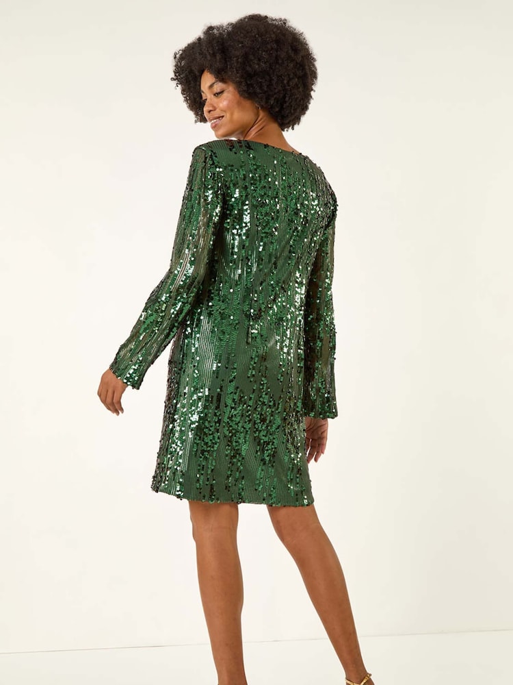 Womens Roman Green Sequin Shift Stretch Dress US 14