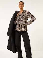 Roman Brown Animal Print Shirred Tie Neck Blouse - Image 1 of 5