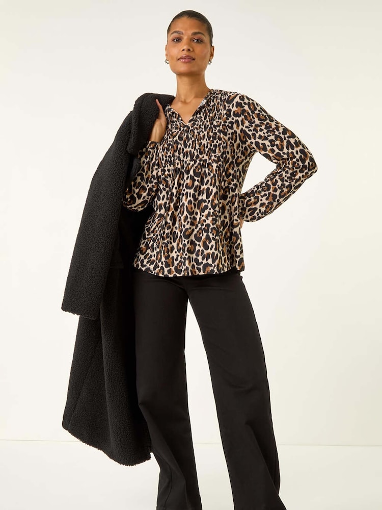 Roman Brown Animal Print Shirred Tie Neck Blouse - Image 1 of 5