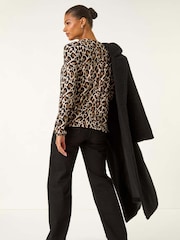 Roman Brown Animal Print Shirred Tie Neck Blouse - Image 2 of 5