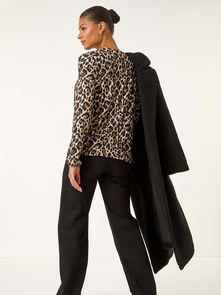 Roman Brown Animal Print Shirred Tie Neck Blouse - Image 2 of 5