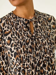 Roman Brown Animal Print Shirred Tie Neck Blouse - Image 3 of 5