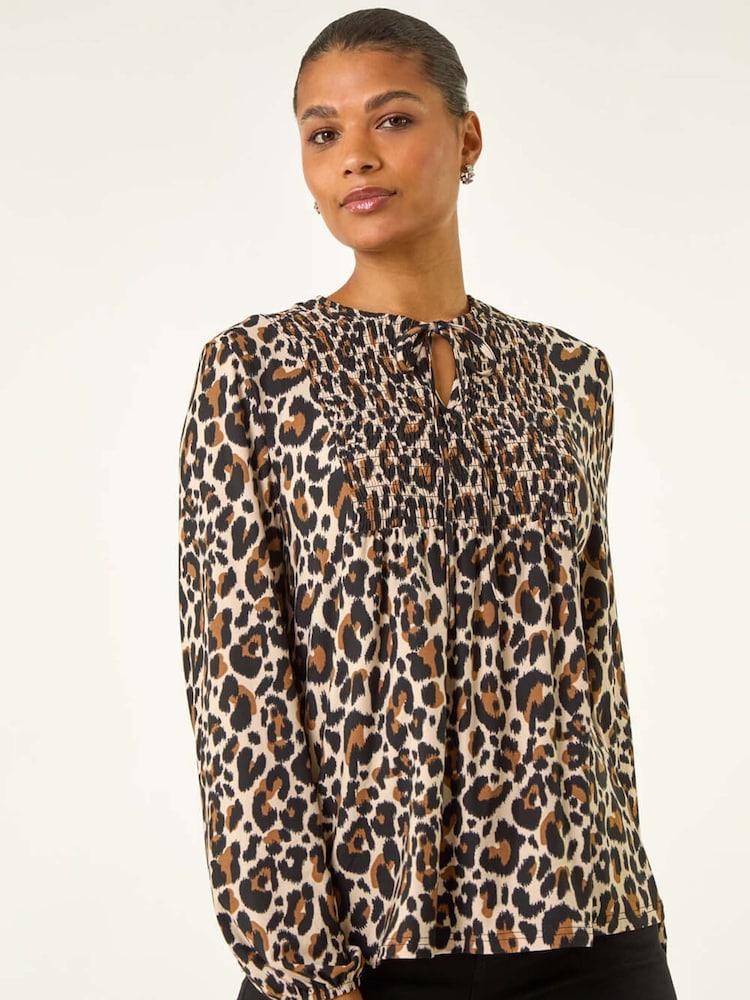 Roman Brown Animal Print Shirred Tie Neck Blouse - Image 5 of 5