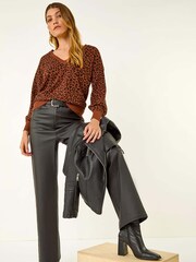 Roman Brown Animal Print V-Neck Boyfriend Jumper - Image 2 of 5