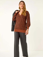 Roman Brown Animal Print V-Neck Boyfriend Jumper - Image 3 of 5