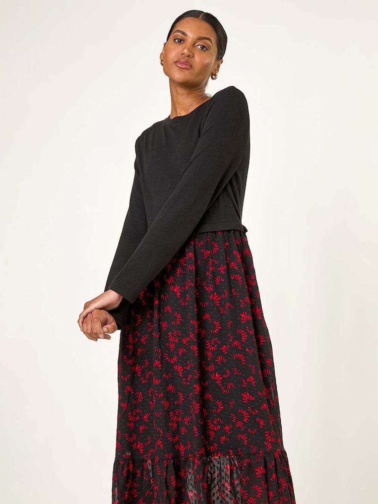 Roman Black 2 in 1 Abstract Print Stretch Midi Dress - Image 1 of 5