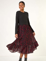Roman Black 2 in 1 Abstract Print Stretch Midi Dress - Image 2 of 5