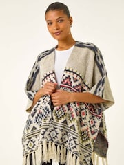 Roman Natural Jacquard Tassel Trim Poncho - Image 1 of 5