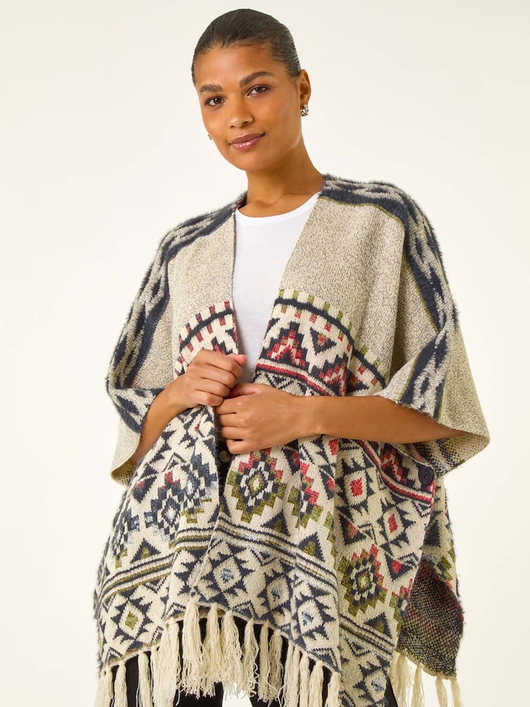 Roman Natural Jacquard Tassel Trim Poncho - Image 1 of 5 Roman Natural Jacquard Tassel Trim Poncho - Image 1 of 5