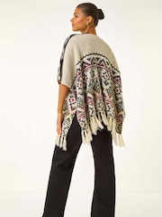 Roman Natural Jacquard Tassel Trim Poncho - Image 2 of 5