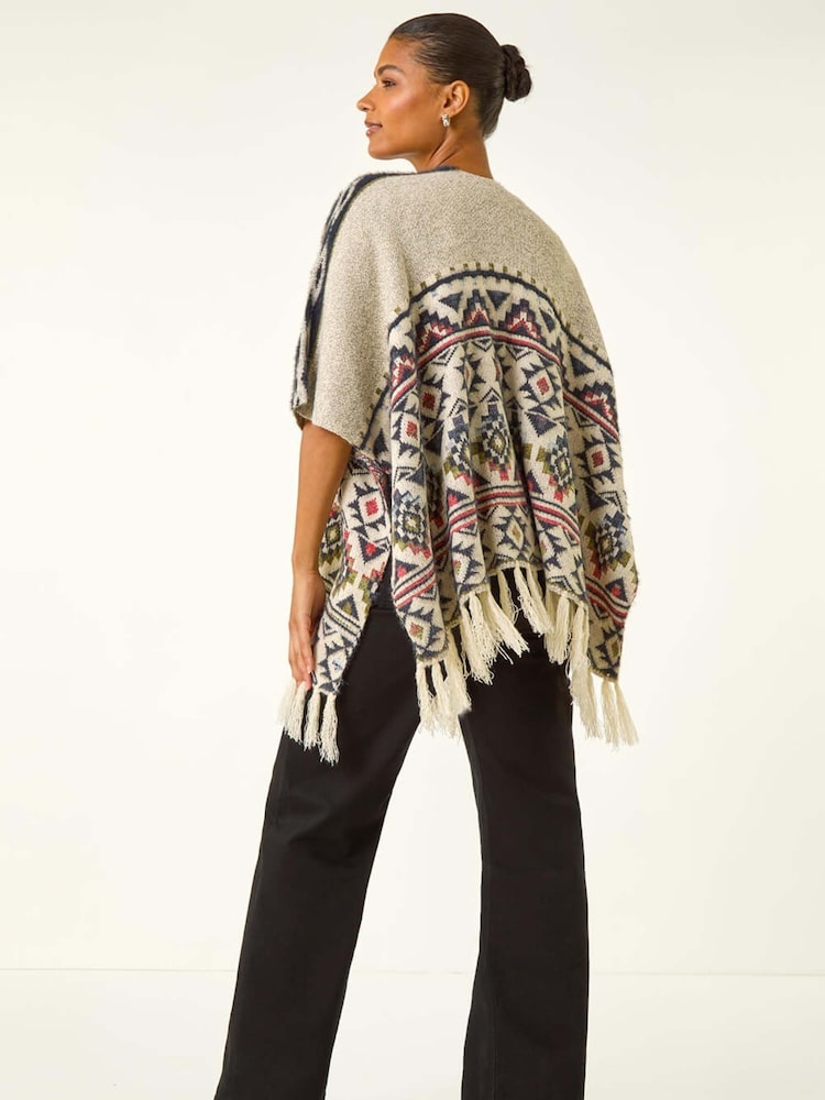 Roman Natural Jacquard Tassel Trim Poncho - Image 2 of 5