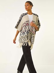 Roman Natural Jacquard Tassel Trim Poncho - Image 3 of 5