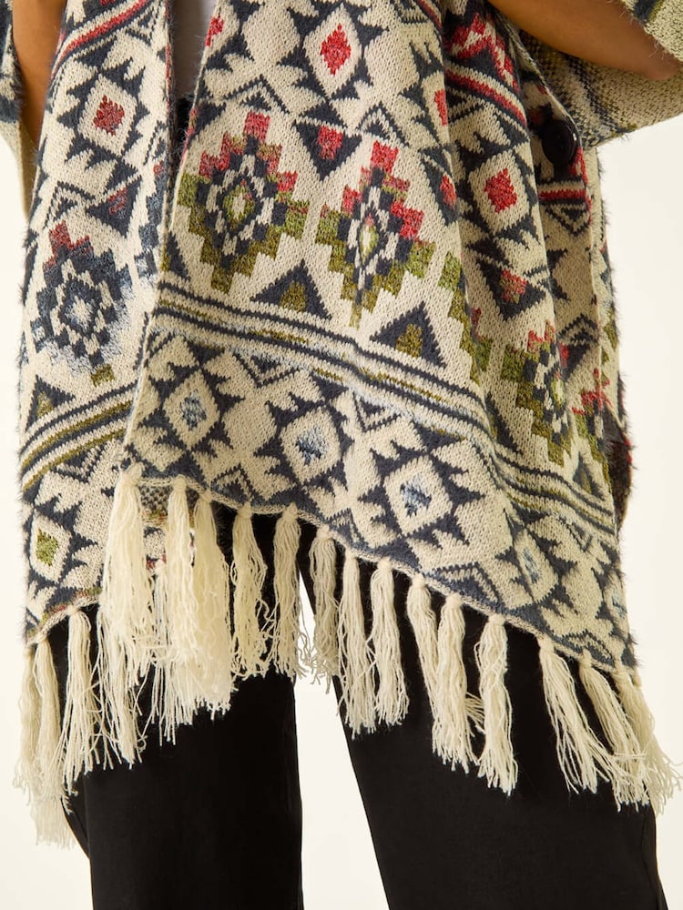 Roman Natural Jacquard Tassel Trim Poncho - Image 5 of 5 Roman Natural Jacquard Tassel Trim Poncho - Image 5 of 5