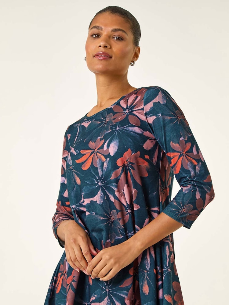 Roman Blue Floral Hanky Hem Stretch Tunic Top - Image 1 of 5 Roman Blue Floral Hanky Hem Stretch Tunic Top - Image 1 of 5