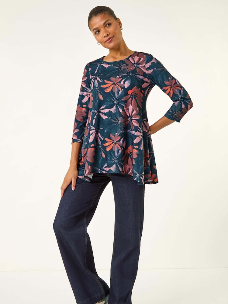 Roman Blue Floral Hanky Hem Stretch Tunic Top - Image 2 of 5 Roman Blue Floral Hanky Hem Stretch Tunic Top - Image 2 of 5