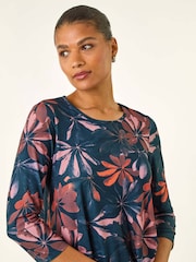 Roman Blue Floral Hanky Hem Stretch Tunic Top - Image 4 of 5
