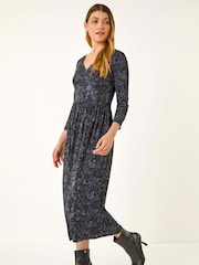 Roman Grey Floral Print Ruched Stretch Midi Dress - Image 1 of 5