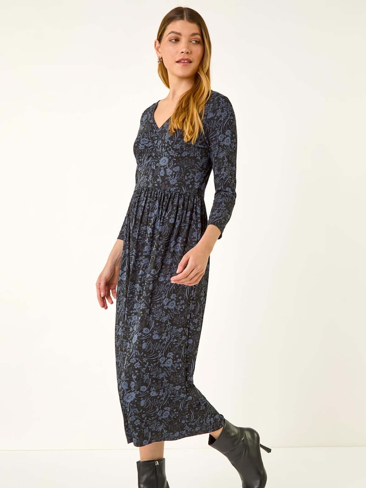 Roman Grey Floral Print Ruched Stretch Midi Dress - Image 1 of 5