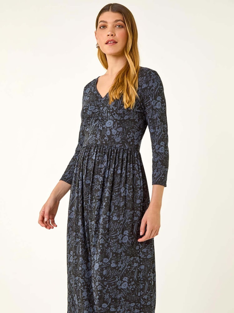 Roman Grey Floral Print Ruched Stretch Midi Dress - Image 2 of 5