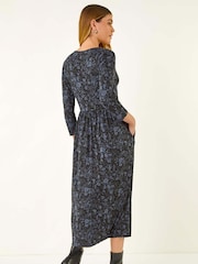 Roman Grey Floral Print Ruched Stretch Midi Dress - Image 3 of 5