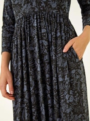 Roman Grey Floral Print Ruched Stretch Midi Dress - Image 5 of 5