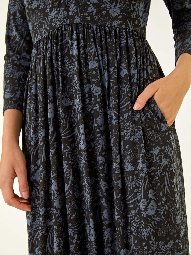 Roman Grey Floral Print Ruched Stretch Midi Dress - Image 5 of 5