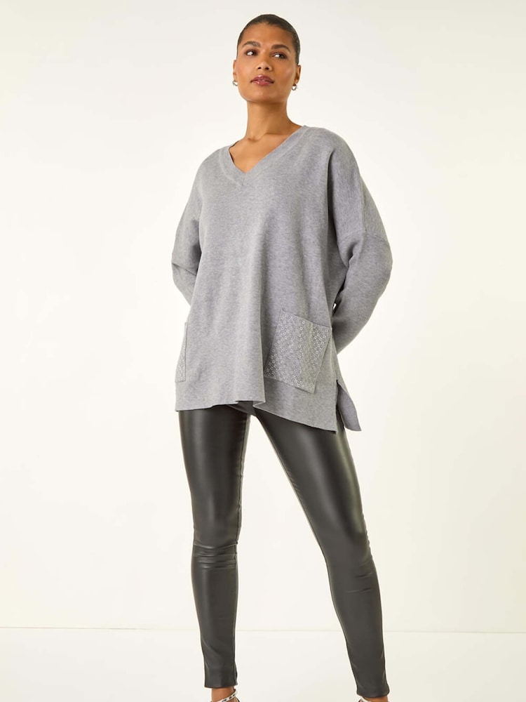 Roman Grey Hotfix Pocket Knit Jumper - Image 1 of 5 Roman Grey Hotfix Pocket Knit Jumper - Image 1 of 5