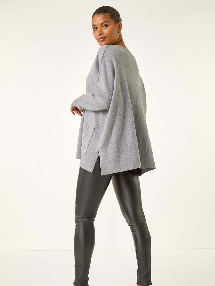 Roman Grey Hotfix Pocket Knit Jumper - Image 2 of 5 Roman Grey Hotfix Pocket Knit Jumper - Image 2 of 5