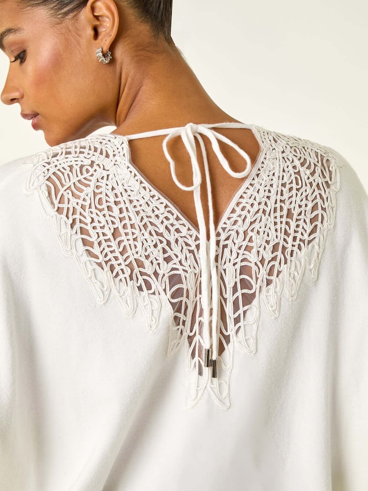 Roman White Lace Back V-Neck Poncho - Image 2 of 5 Roman White Lace Back V-Neck Poncho - Image 2 of 5