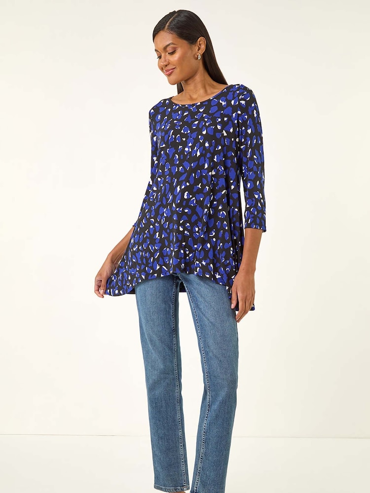 Roman Blue Speckled Print Stretch Tunic Top - Image 2 of 5 Roman Blue Speckled Print Stretch Tunic Top - Image 2 of 5