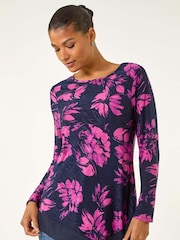 Roman Pink Floral Jacquard Chiffon Hem Tunic Top - Image 1 of 5