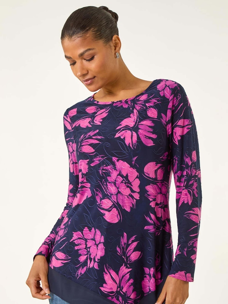 Roman Pink Floral Jacquard Chiffon Hem Tunic Top - Image 1 of 5